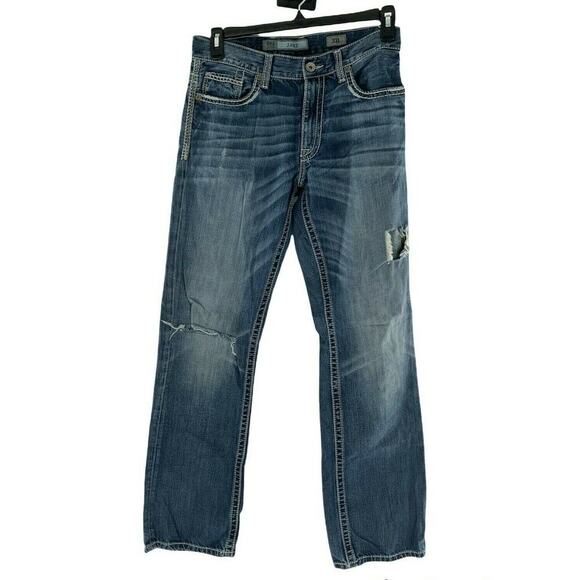 BKE Jake Jeans Men's Size 31L Straight Leg Medium Wash Distressed Whiskers Denim - Picture 1 of 11